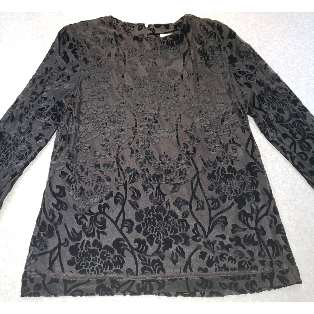 Vintage Caron Velvet Embossed Top Blouse Womens Black Sz 14 Lined Sheer Sleeves - Picture 2 of 14